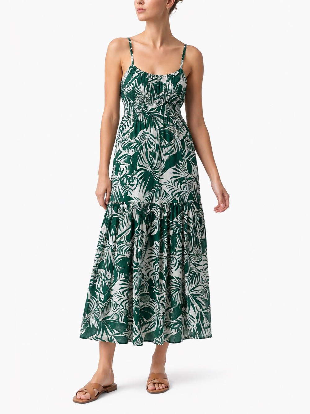 Sanctuary- Women’s Spaghetti Strap Maxi Dress - Green Leaf Botanical Print - XS